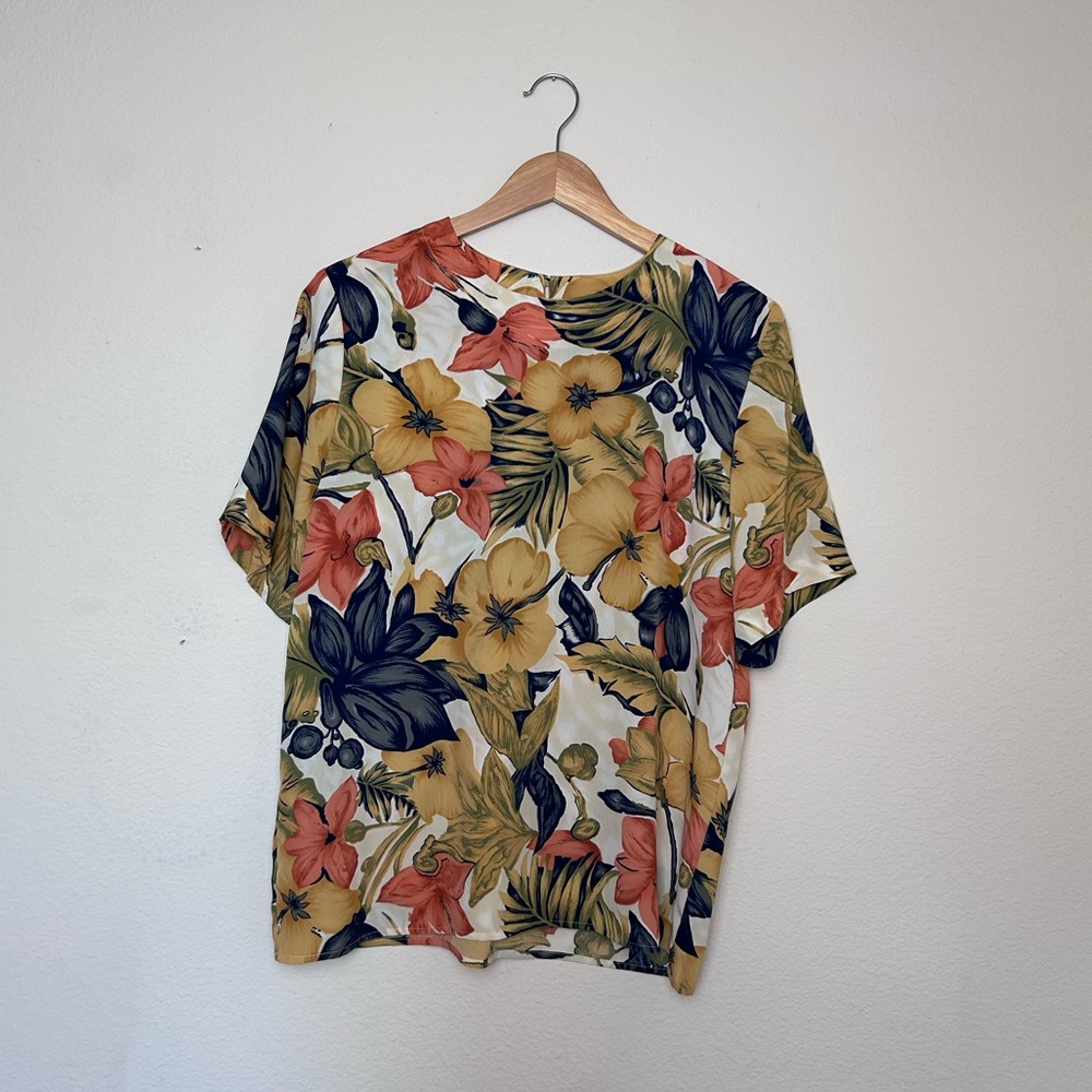 Vintage Kathy Che Boxy Floral Blouse Patterned Foliage Soft Flowy Boho Medium